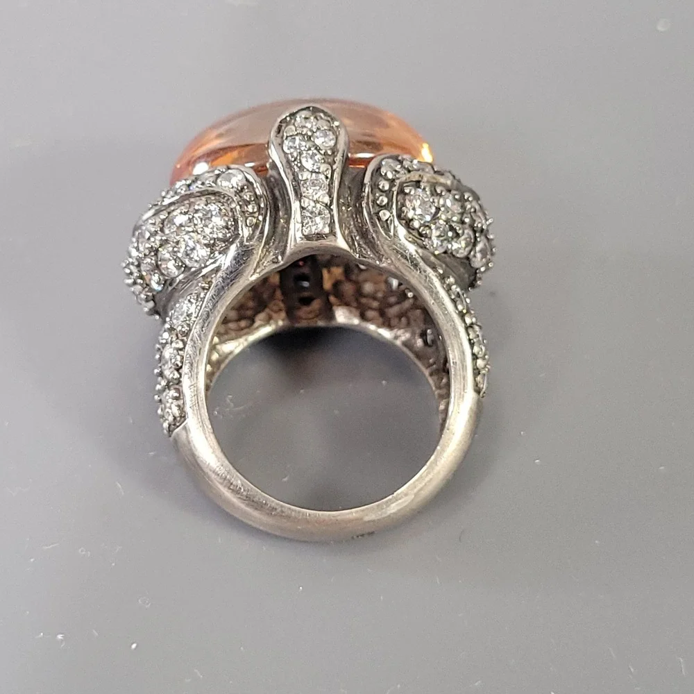 Sterling Silver Ring Chunky Mens Amber Cabochon Pave Size 7.25 Heavy 26.8g 925